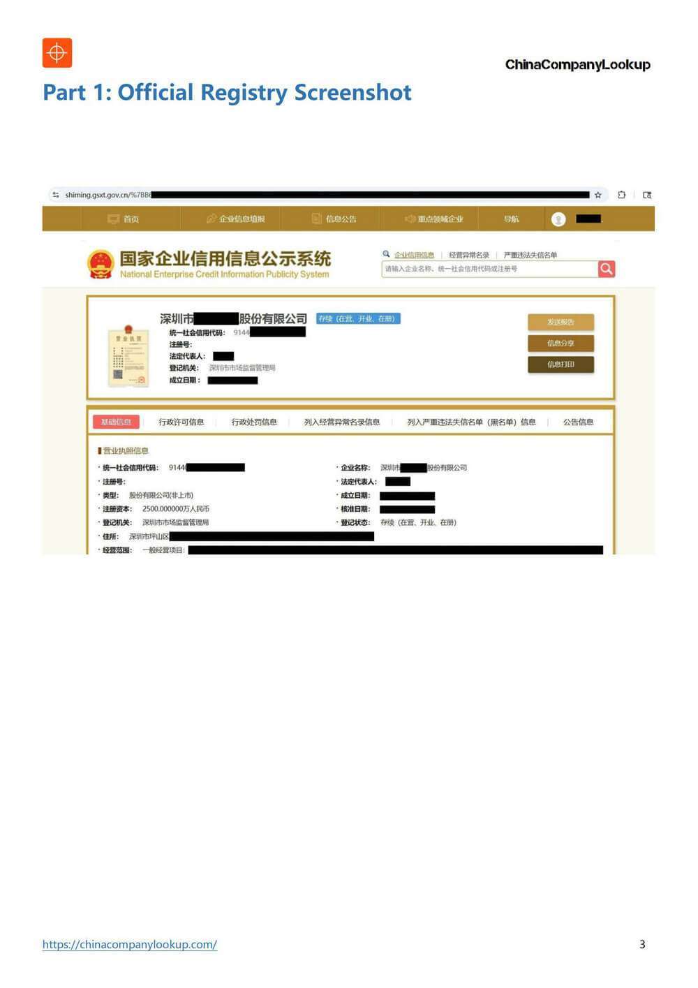 China company registry check sample page 3